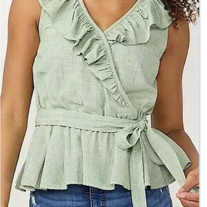 Lauren Conrad Green Ruffle Faux Wrap Top 1X